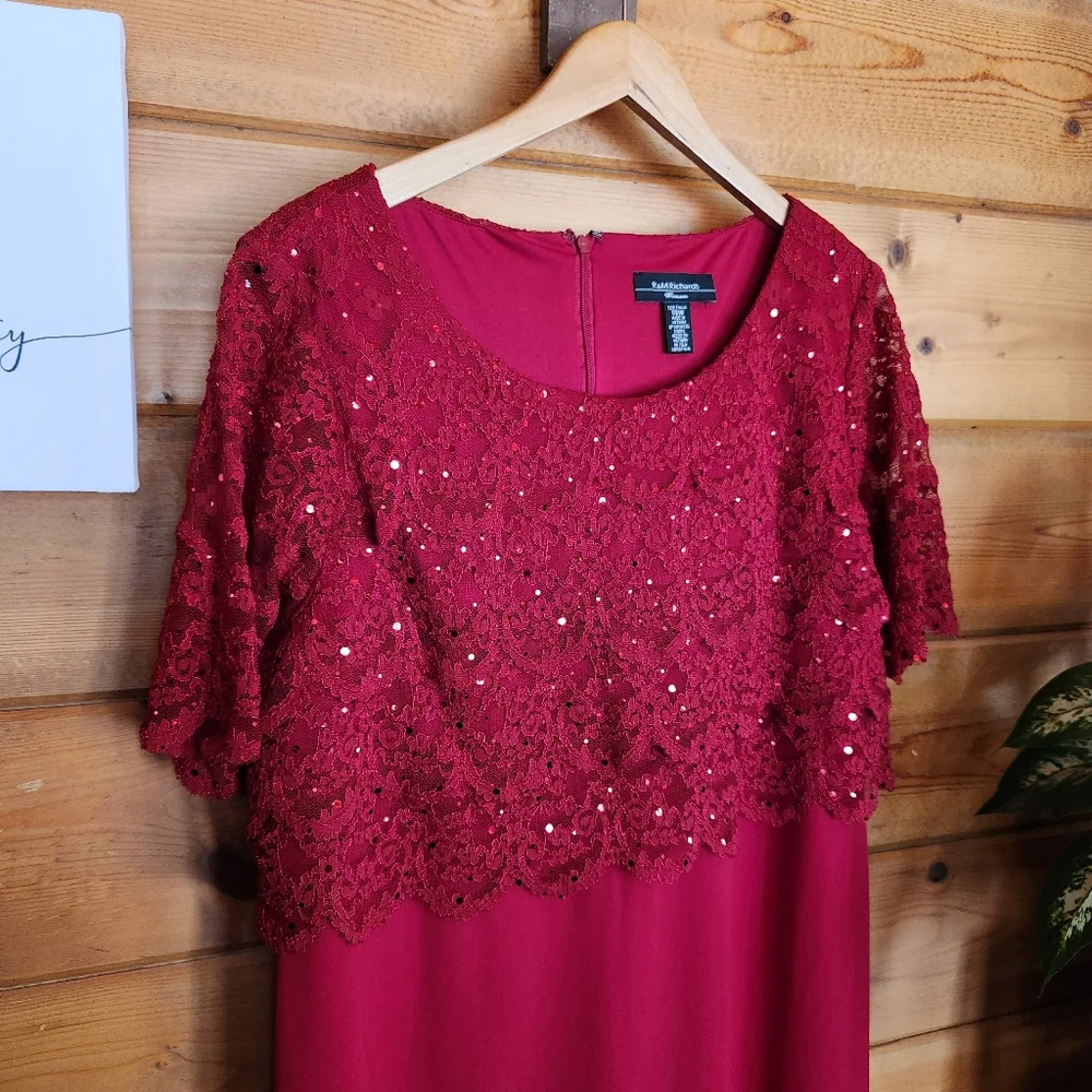 R & M Richards Dress Red‎ Lace & Sequin Overlay Chiffon Sheer Cocktail Petite 14